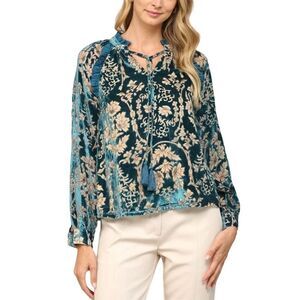 Fate Women's Teal Floral Ruffle Velvet Blouse L Top Burnout Fall Festive Tassele